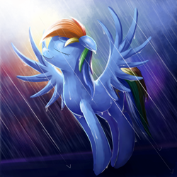 Size: 1500x1500 | Tagged: safe, artist:camyllea, imported from derpibooru, rainbow dash, pony, eyes closed, female, floppy ears, rain, solo, spread wings, wet, wet mane