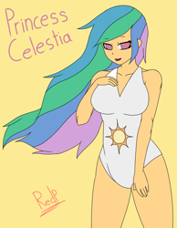 Size: 1024x1317 | Tagged: safe, artist:redprep, imported from derpibooru, princess celestia, human, breasts, clothes, female, humanized, one-piece swimsuit, solo, swimsuit