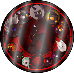 Size: 5000x4941 | Tagged: safe, artist:lakword, imported from derpibooru, oc, oc only, oc:rubeencha, oc:scarlet, changeling, changeling queen, pony, absurd resolution, blue changeling, bust, changeling oc, changeling queen oc, female, flower, glass, green changeling, group, purple changeling, red changeling, rose, simple background, stained glass, transparent background, white changeling, yellow changeling