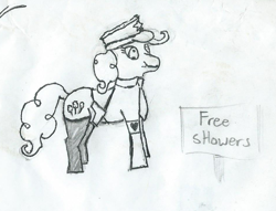 Size: 945x722 | Tagged: safe, imported from derpibooru, pinkie pie, earth pony, pony, clothes, dictator, female, gun, holocaust joke, implied golden shower, leader, mare, monochrome, sketch, solo, stockings, weapon