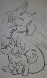 Size: 2473x4125 | Tagged: safe, artist:larrykitty, artist:php156, imported from derpibooru, oc, oc only, oc:gin the griffin, oc:himmel, griffon, master and student, monochrome, sketch