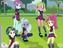 Size: 1794x1355 | Tagged: safe, artist:charliexe, imported from derpibooru, indigo zap, lemon zest, sour sweet, sugarcoat, sunny flare, cat, human, equestria girls, friendship games, camera shot, clothes, crystal prep academy uniform, crystal prep shadowbolts, cute, devil horn (gesture), faic, female, glasses, goggles, headphones, high heels, leggings, legs, looking at you, meme, miniskirt, pigtails, plaid skirt, pleated skirt, ponytail, school uniform, schrödinger's pantsu, shadow five, shoes, skirt, skirt lift, smiling, smirk, socks, squatting, sugarcute, thighs, twintails