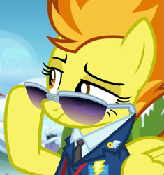 Size: 647x689 | Tagged: safe, imported from derpibooru, screencap, spitfire, pegasus, pony, top bolt, aviator glasses, aviator sunglasses, clothes, female, frown, hoof hold, incredulous, lidded eyes, mare, necktie, raised eyebrow, reaction image, shirt, solo, sunglasses, uniform