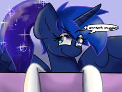 Size: 800x600 | Tagged: safe, artist:tranzmuteproductions, imported from derpibooru, princess luna, alternate hairstyle, clothes, female, ponytail, snuggles?, socks, solo