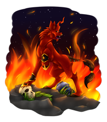 Size: 3400x3900 | Tagged: safe, artist:tetlow-senpai, imported from derpibooru, demon, demon pony, bloodletter, crossover, daemon, fire, khorne, nose piercing, nose ring, piercing, raised hoof, skull, warhammer (game), warhammer 40k