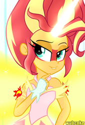 Size: 1024x1502 | Tagged: safe, artist:wubcakeva, imported from derpibooru, sunset shimmer, equestria girls, friendship games, bare shoulders, clothes, daydream shimmer, female, fingerless gloves, gloves, lip bite, sleeveless, solo, strapless