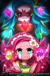 Size: 1366x2048 | Tagged: safe, artist:yitsune-melody, imported from derpibooru, gaea everfree, gloriosa daisy, equestria girls, legend of everfree, chibi, clothes, crying, cute, daisybetes, magical geodes, pixiv, sad, signature