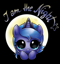 Size: 500x538 | Tagged: safe, artist:miszasta, imported from derpibooru, princess luna, alicorn, pony, big eyes, black background, bust, cute, dilated pupils, female, filly, front view, full face view, full moon, i am the night, leaning, looking at you, lunabetes, moon, portrait, simple background, solo, text, weapons-grade cute, woona, younger