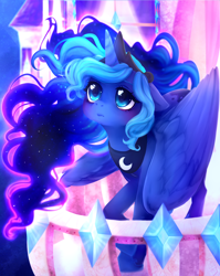 Size: 1024x1287 | Tagged: safe, artist:nappinen, imported from derpibooru, princess luna, balcony, color porn, female, floppy ears, looking up, solo