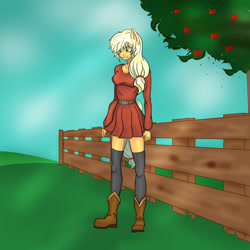 Size: 1024x1024 | Tagged: safe, artist:nwinter3, imported from derpibooru, applejack, anthro, apple tree, boots, clothes, female, fence, hatless, missing accessory, shirt, skirt, socks, solo, thigh highs