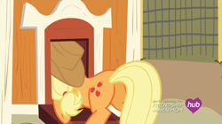 Size: 1100x618 | Tagged: safe, imported from derpibooru, screencap, applejack, earth pony, pony, simple ways, butt, female, hub logo, mare, plot, solo