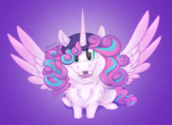 Size: 1280x931 | Tagged: safe, artist:stjarnamenne, imported from derpibooru, princess flurry heart, chest fluff, female, gap teeth, gradient background, happy, hat, looking at you, open mouth, smiling, solo, spread wings