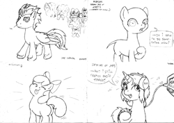 Size: 2330x1653 | Tagged: safe, artist:merkleythedrunken, imported from derpibooru, apple bloom, pinkie pie, oc, oc:nudie, pegasus, pony, bald, facial hair, furless, hairless, headphones, monochrome, moustache, sketch, sketch dump