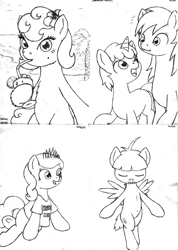 Size: 1656x2330 | Tagged: safe, artist:merkleythedrunken, imported from derpibooru, carrot top, derpy hooves, diamond tiara, dinky hooves, featherweight, golden harvest, pony, beach, belly button, bipedal, clothes, drink, monochrome, shirt, sketch, sketch dump