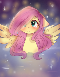 Size: 968x1228 | Tagged: safe, artist:windymils, imported from derpibooru, fluttershy, firefly (insect), pegasus, pony, blushing, bust, colored pupils, cute, female, floppy ears, looking at you, mare, portrait, shyabetes, solo, spread wings, teary eyes, water