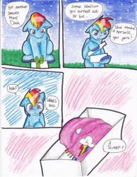 Size: 2552x3296 | Tagged: safe, artist:tristanjsolarez, imported from derpibooru, rainbow dash, pegasus, pony, comic:trans ponies, clothes, comic, male, package, present, rainbow blitz, rule 63, scarf, simple background, solo, stallion, traditional art, transgender