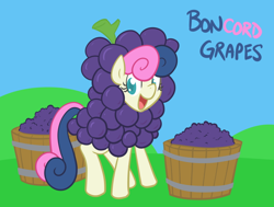 Size: 750x567 | Tagged: safe, artist:atlur, deleted from derpibooru, imported from derpibooru, bon bon, sweetie drops, bonafied, bonpun, cute, food, fruit, grapes, looking at you, open mouth, smiling, solo