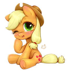 Size: 600x638 | Tagged: safe, artist:catmag, imported from derpibooru, applejack, earth pony, pony, blushing, chibi, crying, cute, female, freckles, hat, jackabetes, looking at you, one eye closed, open mouth, simple background, sitting, smiling, solo, underhoof, white background, wink