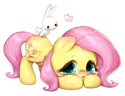 Size: 800x617 | Tagged: safe, artist:catmag, imported from derpibooru, angel bunny, fluttershy, pegasus, pony, blushing, chibi, crying, cute, duo, female, looking at you, open mouth, sad, sadorable, shyabetes, simple background, spread wings, white background