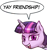 Size: 392x413 | Tagged: safe, artist:lumineko, edit, editor:watermelon changeling, imported from derpibooru, twilight sparkle, alicorn, pony, cropped, female, friendship, juxtaposition bait, simple background, solo, speech bubble, twilight sparkle (alicorn), white background, yay