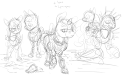 Size: 1500x900 | Tagged: safe, artist:celestiawept, imported from derpibooru, oc, oc only, oc:blackjack, oc:morning glory (project horizons), oc:p-21, oc:rampage, fallout equestria, fallout equestria: project horizons, monochrome, sketch