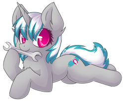 Size: 2192x1785 | Tagged: safe, artist:sapphfyr, imported from derpibooru, oc, oc only, oc:windshear, pony, unicorn, mouth hold, prone, simple background, smiling, solo, transparent background, wrench