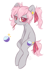 Size: 1160x1800 | Tagged: safe, artist:hawthornss, imported from derpibooru, oc, oc only, oc:gatchapon, earth pony, pony, ear piercing, earring, food, hair accessory, jewelry, looking at you, piercing, pigtails, ribbon, simple background, sleepy, solo, transparent background, twintails