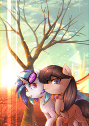 Size: 2894x4093 | Tagged: safe, artist:coma392, imported from derpibooru, dj pon-3, octavia melody, vinyl scratch, chromatic aberration, female, lens flare, lesbian, looking at you, phone wallpaper, scratchtavia, shipping, smiling, sunglasses, sunlight, tree