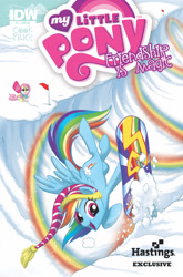 Size: 1032x1566 | Tagged: safe, artist:amy mebberson, artist:amymebberson, idw, imported from derpibooru, fluttershy, rainbow dash, backwards cutie mark, clothes, comic, cover, idw advertisement, official, official comic, snow, snowboard, snowboarding, winter