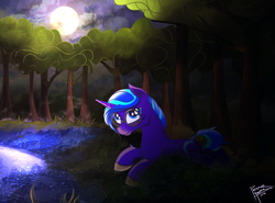 Size: 2500x1850 | Tagged: safe, artist:pedrohander, imported from derpibooru, oc, oc only, oc:midnight quill, pony, unicorn, forest, moon, night, request, solo
