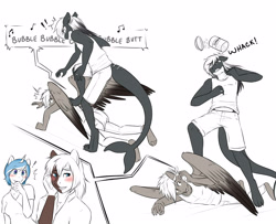 Size: 4000x3250 | Tagged: safe, artist:askbubblelee, imported from derpibooru, oc, oc only, oc:bubble lee, oc:daniel dasher, oc:imago, oc:mako, oc:singe, anthro, dracony, hybrid, merpony, orca pony, original species, pegasus, unguligrade anthro, unicorn, angry, anthro oc, blushing, cellphone, phone