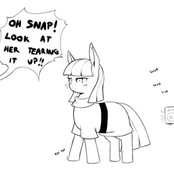 Size: 1200x1200 | Tagged: safe, artist:cold-blooded-twilight, imported from derpibooru, maud pie, earth pony, pony, 30 minute art challenge, dancing, explicit source, female, mare, maud being maud, monochrome, music, offscreen character, party, party hard, simple background, sketch, solo, white background, wub