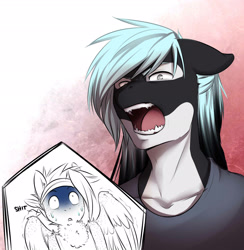 Size: 1866x1910 | Tagged: safe, artist:askbubblelee, imported from derpibooru, oc, oc only, oc:mako, oc:singe, anthro, hybrid, orca pony, original species, pegasus, angry, anthro oc, duo, fangs, scared, vulgar