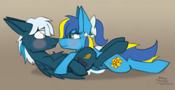 Size: 3974x2053 | Tagged: dead source, safe, artist:php122, artist:wingedthoughts, imported from derpibooru, oc, oc only, oc:snowy silvercast, oc:sunrise lily, earth pony, pegasus, pony, bedroom eyes, blushing, boop, bow, chest fluff, cuddling, cute, eye contact, floppy ears, fluffy, hair bow, hug, lidded eyes, lilycast, looking at each other, male, noseboop, oc x oc, ocbetes, on back, ponytail, prone, shipping, simple background, smiling, snuggling, straight, wavy mouth, wide eyes