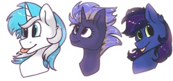 Size: 1024x482 | Tagged: safe, artist:hiccupsdoesart, deleted from derpibooru, imported from derpibooru, oc, oc only, oc:bramble snap, oc:darkshine, oc:neon blitz, pony, unicorn, bust, portrait, simple background, tongue out, white background