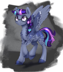 Size: 1195x1385 | Tagged: safe, artist:silfoe, imported from derpibooru, oc, oc only, oc:twilight dapple, alicorn, pony, other royal book, alicorn oc, coat markings, cute, dappled, freckles, glasses, magical lesbian spawn, offspring, parent:princess luna, parent:twilight sparkle, parents:twiluna, raised hoof, raised leg, solo, spread wings