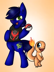 Size: 776x1030 | Tagged: safe, artist:ashee, imported from derpibooru, oc, oc only, oc:bramble snap, charmander, earth pony, pony, bipedal, poké ball, pokéball, pokémon