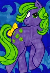 Size: 410x600 | Tagged: safe, artist:skypinpony, imported from derpibooru, seashell (g1), earth pony, pony, abstract background, coat markings, facial markings, female, g1, solo, star (coat marking), traditional art