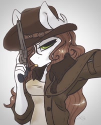Size: 824x1024 | Tagged: safe, artist:hiccupsdoesart, deleted from derpibooru, imported from derpibooru, oc, oc only, oc:dust trail, anthro, fallout equestria, anthro oc, cigar, clothes, dirt, dirty, fallout, fallout equestria oc, gun, handgun, pistol, revolver, selfie, solo, trenchcoat