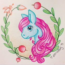 Size: 598x598 | Tagged: safe, artist:runeelf, imported from derpibooru, cranberry muffins, female, g1, solo, traditional art