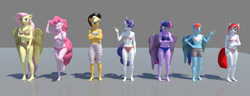 Size: 3120x1200 | Tagged: safe, artist:jawolfadultishart, imported from derpibooru, applejack, fluttershy, pinkie pie, rainbow dash, rarity, twilight sparkle, oc, oc:bacon bits, alicorn, anthro, plantigrade anthro, 3d, abs, barefoot, belly button, bloomers, blue underwear, body types, boxers, bra, chubby, clothes, crop top bra, daz studio, feet, frilly bloomers, frilly underwear, gray underwear, heart, heart print underwear, line-up, mane six, muscles, not sfm, panties, pink underwear, polka dot underwear, striped underwear, twilight sparkle (alicorn), underwear, white underwear