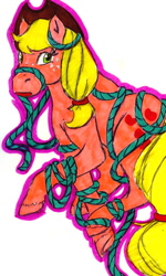 Size: 384x640 | Tagged: safe, artist:skypinpony, imported from derpibooru, applejack, applejack (g1), cowboy hat, female, g1, hat, rope, solo, stetson, tangled up, traditional art