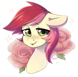 Size: 1629x1608 | Tagged: safe, artist:fensu-san, imported from derpibooru, roseluck, earth pony, pony, blushing, bust, crying, cute, female, floppy ears, flower, heart eyes, laughing, looking at you, loving gaze, mare, open mouth, portrait, rose, simple background, smiling, solo, sparkles, white background, wingding eyes