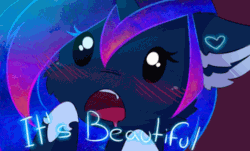 Size: 540x326 | Tagged: safe, artist:magnaluna, imported from derpibooru, princess luna, alicorn, pony, animated, blushing, cute, ear fluff, fangs, female, floppy ears, galaxy mane, gif, heart, it's beautiful, lunabetes, mare, open mouth, reaction image, solo, vibrating, wingding eyes