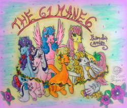 Size: 530x452 | Tagged: safe, artist:applejack-1982, imported from derpibooru, applejack (g1), firefly, posey, sparkler (g1), surprise, twilight, flower, g1, g1 six, surprise (g1), traditional art