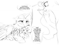 Size: 3300x2550 | Tagged: safe, artist:silfoe, imported from derpibooru, princess luna, twilight sparkle, oc, oc:eventide glisten, oc:pterus, oc:twilight dapple, alicorn, bat pony, pony, other royal book, adopted offspring, alicorn oc, behaving like a bird, black and white, cuddling, cute, dialogue, family, fangs, female, floppy ears, frown, grayscale, group, hug, lesbian, lidded eyes, magical lesbian spawn, mama twilight, monochrome, offspring, open mouth, parent:princess luna, parent:twilight sparkle, parents:twiluna, prone, shipping, simple background, sketch, smiling, snuggling, speech bubble, twilight sparkle (alicorn), twiluna, unamused, white background, wing blanket, winghug