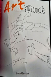 Size: 844x1280 | Tagged: safe, artist:stepandy, imported from derpibooru, discord, blackletter, blushing, grin, heart, male, sketch, smiling, solo, thumbs up, traditional art
