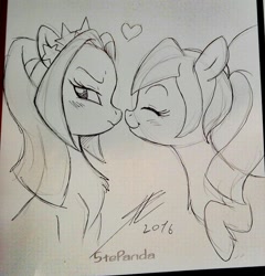Size: 1229x1280 | Tagged: safe, artist:stepandy, imported from derpibooru, aria blaze, sonata dusk, arisona, blushing, female, heart, lesbian, ponified, shipping, sketch, traditional art