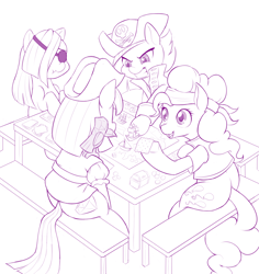 Size: 1100x1164 | Tagged: safe, artist:dstears, imported from derpibooru, limestone pie, marble pie, maud pie, pinkie pie, earth pony, pony, board game, cute, diapinkes, eyepatch, female, game, group, mare, pie sisters, pirate, siblings, sisters