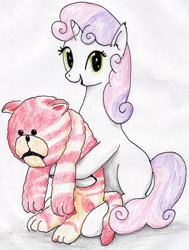 Size: 1847x2441 | Tagged: safe, artist:40kponyguy, derpibooru exclusive, imported from derpibooru, sweetie belle, pony, unicorn, bag puss, crossover, fat cat, looking at you, simple background, traditional art, white background